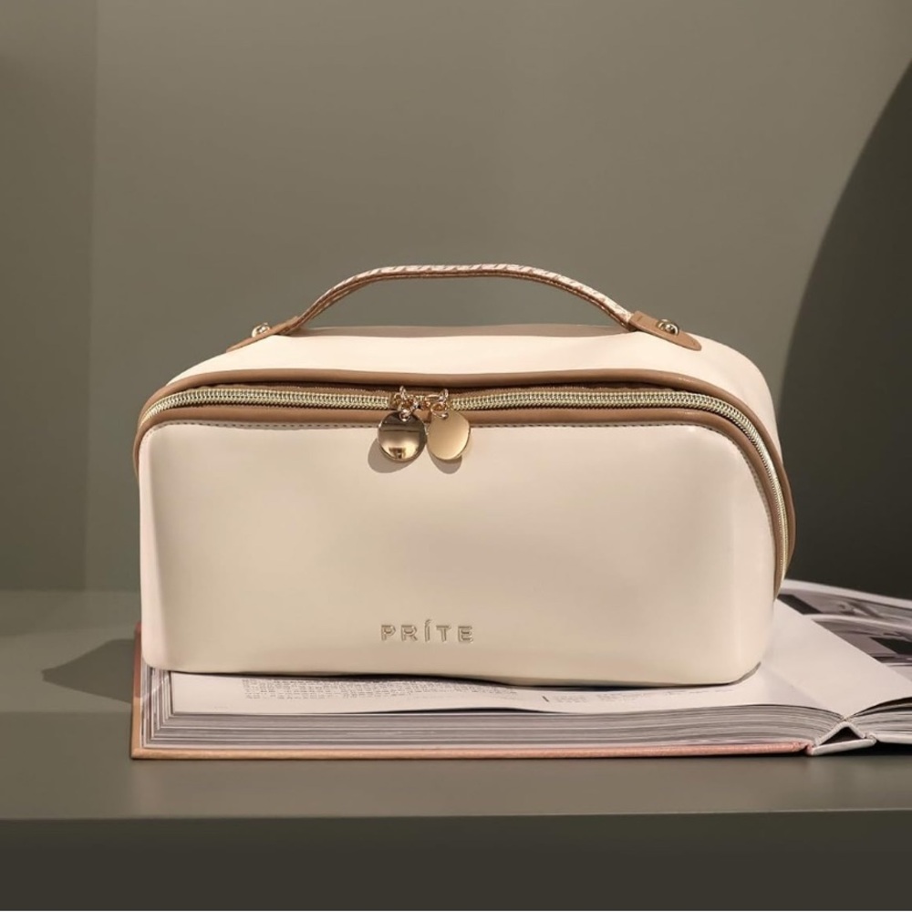 Prite Makeup Bag Travel Waterproof Vegan Leather Cosmetic Bag Open Flat